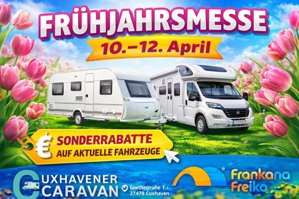 Frühjahrsmesse für Wohnmobile und Wohnwagen mit Tulpen