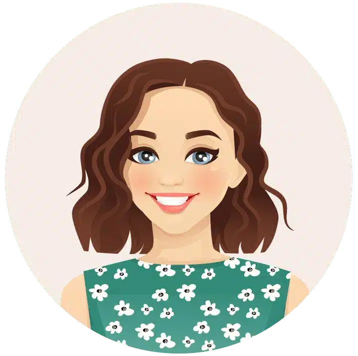 Smiling cartoon woman with brown wavy hair