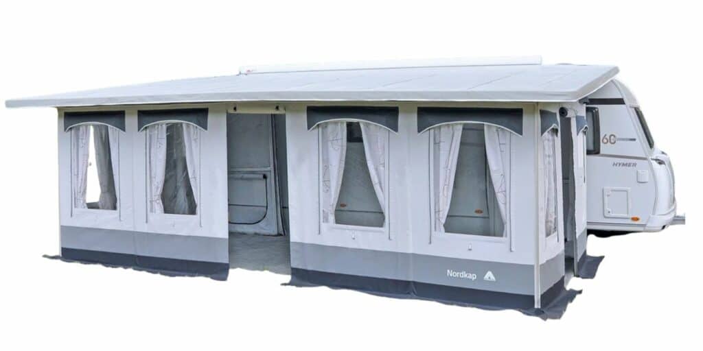 Motorhome with attached awning tent enclosure